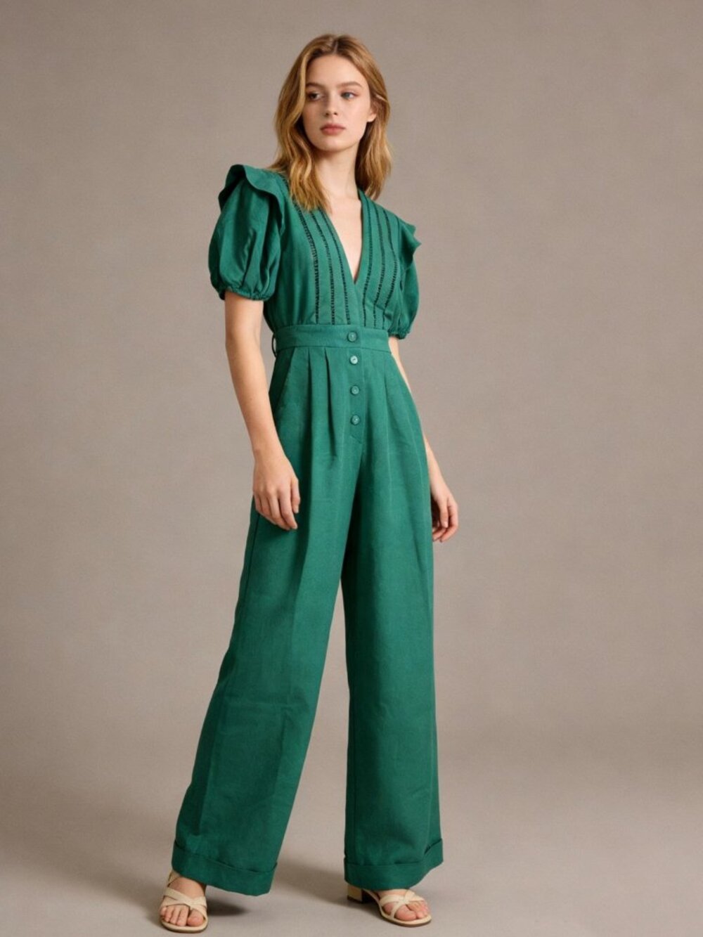 Farm Rio NWT Emerald Pleated Short Sleeve Jumpsuit
